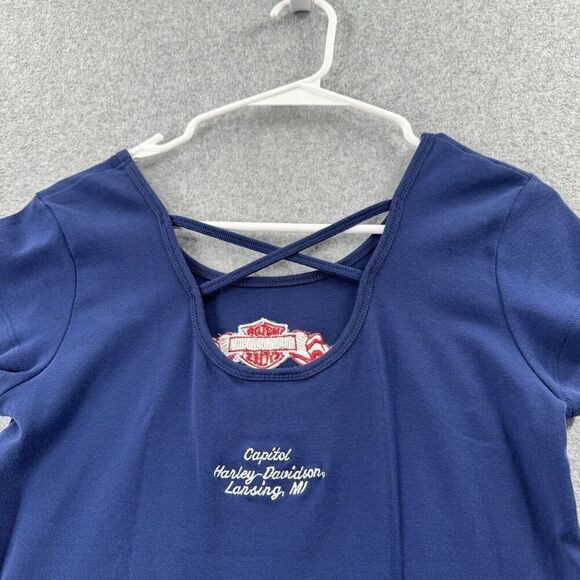 Harley-Davidson Tee Tshirt Wmns XS Blue Short Sleeve Embroidered Logo Motorcycle - Picture 7 of 11
